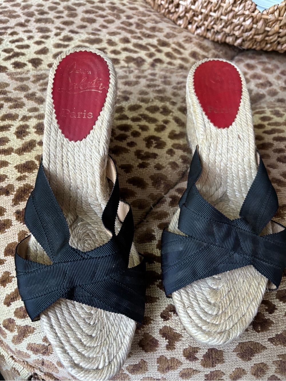 Christian Louboutin Black Ribbon Espadrille Wedge Slides with Red Insole